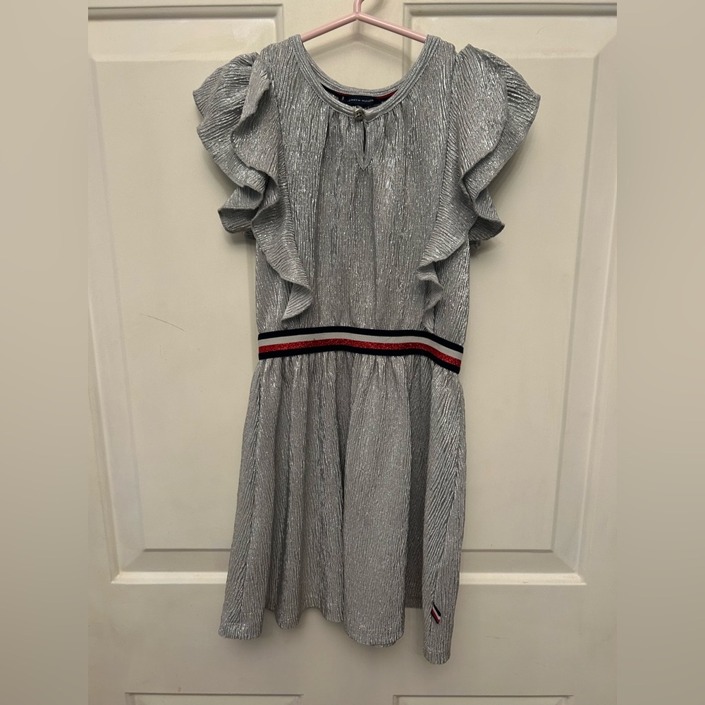 Tommy Hilfiger silver crinkle dress 4T. Short flutter sleeve; patriotic waist
